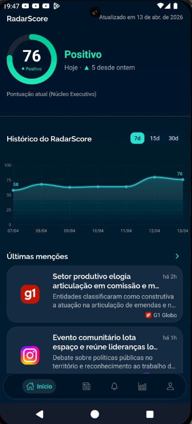 Tela do RadarScore em alta no app Radar Política